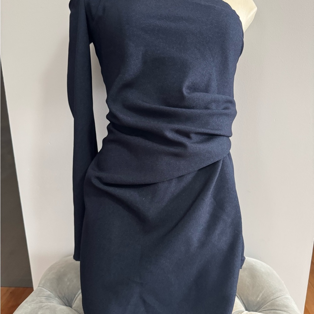 Hand Tailored Donna Karan Vogue Elegant Navy Blue Wrap One-Shoulder Top size xs